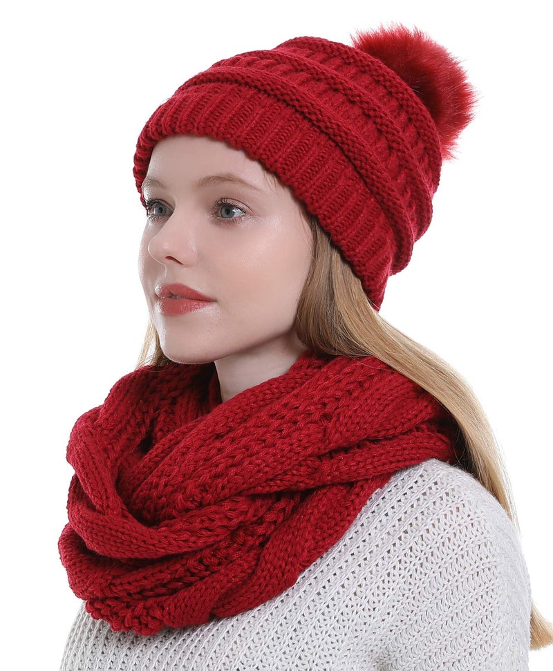 Double Couple Womens Scarf Beanie Hat with Faux Fur Ball Set Thick Winter Cable Knitted Circle Loop Infinity Scarfs for Women (Burgundy Pom Pom Set) - Image 1